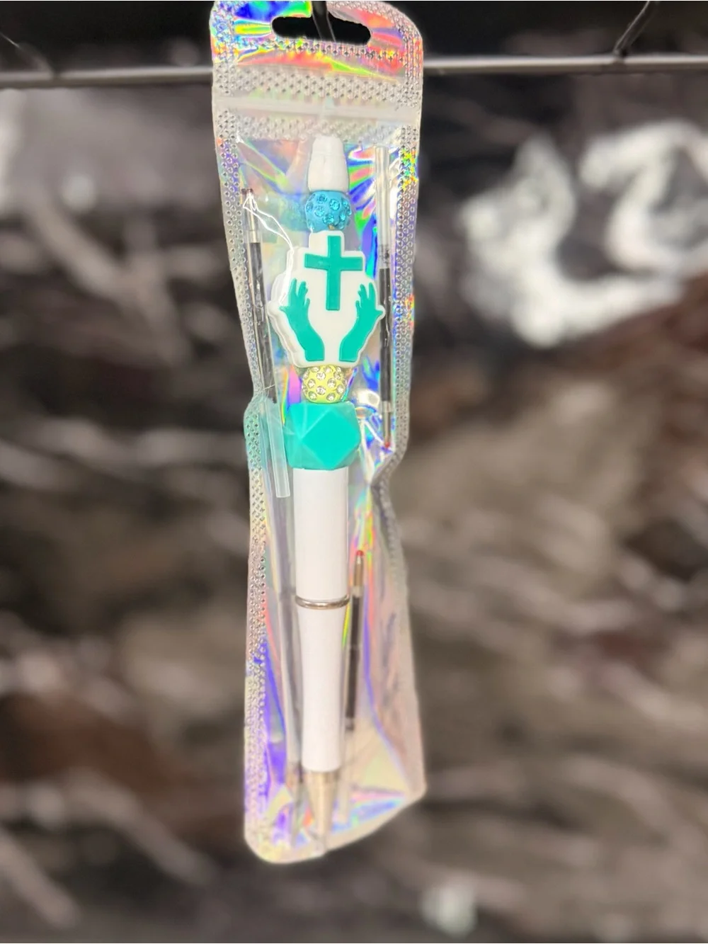 Teal Cross Focal Bead Pen Black and Blue Ink